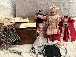 Darling Petite Antique German Bisque 8 Doll & Trunk With Wardrobe & Provenance