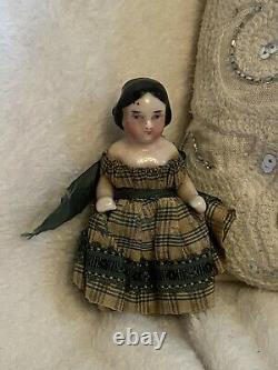 Early 1850 Covered Wagon Pink Tint 3.25 Frozen Charlotte Doll Original Dress