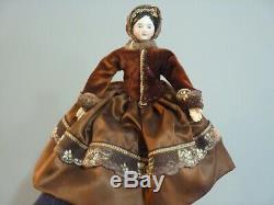 Early Antique Porcelain China Head Doll Flat Top Side Curls Velvet Silk Clothing