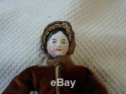 Early Antique Porcelain China Head Doll Flat Top Side Curls Velvet Silk Clothing