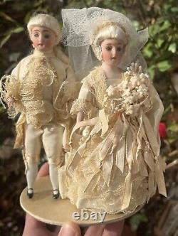 Early German 6 Pair Bisque Dolls White German Cake Topper Bisque Dolls Mint