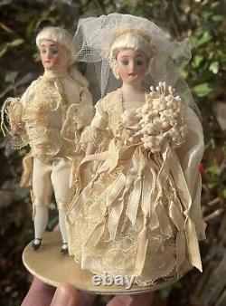 Early German 6 Pair Bisque Dolls White German Cake Topper Bisque Dolls Mint