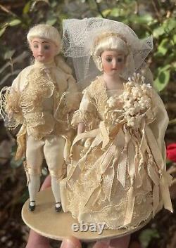 Early German 6 Pair Bisque Dolls White German Cake Topper Bisque Dolls Mint