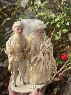 Early German 6 Pair Bisque Dolls White German Cake Topper Bisque Dolls Mint