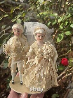 Early German 6 Pair Bisque Dolls White German Cake Topper Bisque Dolls Mint