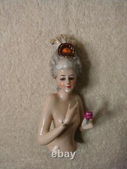 Exquisite Rare Lg German French Half Doll Pin Cushion Porcelain Lady Fab Hairdo