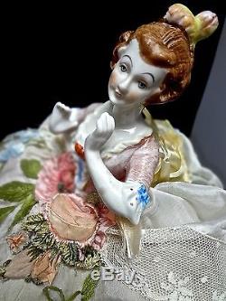 Exquisite Vintage Porcelain Half Doll With Antique Victorian Ribbon Work Gown LG