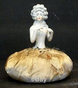 GERMAN Vintage ANTIQUE Porcelain Bisque HALF-DOLL with PIN CUSHION Germany