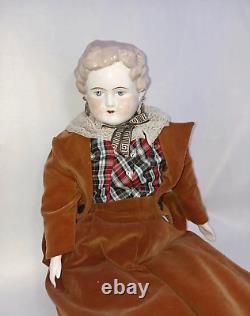 German China Doll Head Vintage Large Blonde Brass Earrings 29 Brown Dress