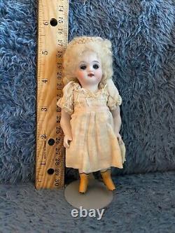 German all bisque jointed girl doll, 5.5 in, mohair wig, painted brown boots