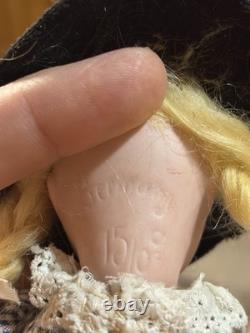 Germany 150 8 Porcelain Doll Blonde Braids Blue Gingham Dress Black Hat 8