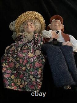 Grandma and Grandpa Porcelain Dolls Set of 2 Old World Workmanship Rare On Bench