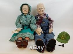 Grandpa Grandma Porcelain Dolls Oshkosh Overalls John Deere Hat Vintage Rare