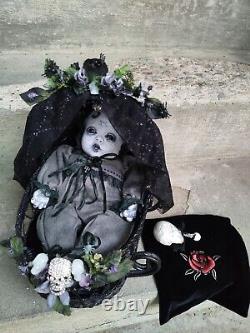 HORROR OOAk baby Demon? Reborn porcelain Doll creepy bassinet cradle