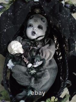 HORROR OOAk baby Demon? Reborn porcelain Doll creepy bassinet cradle