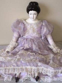 Handmade Vintage Painted Porcelain Doll with Cloth Body, Old Lace Dress 23 Tall