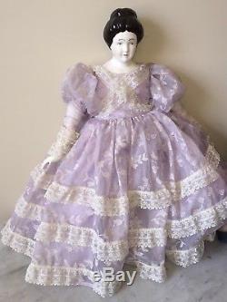 Handmade Vintage Painted Porcelain Doll with Cloth Body, Old Lace Dress 23 Tall