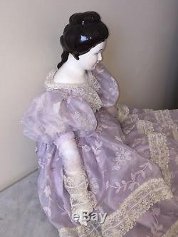 Handmade Vintage Painted Porcelain Doll with Cloth Body, Old Lace Dress 23 Tall