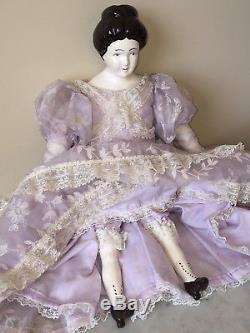 Handmade Vintage Painted Porcelain Doll with Cloth Body, Old Lace Dress 23 Tall