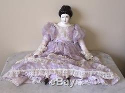 Handmade Vintage Painted Porcelain Doll with Cloth Body, Old Lace Dress 23 Tall