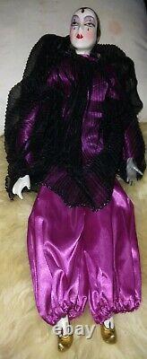 Harliquin Porcelain Vintage Doll Silvestri 17 Black & Magenta Jumpsuit clown