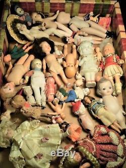 Huge LOT ANTIQUE VINTAGE SMALL DOLLS Bisque HP Bendy etc. Dollhouse German Japan