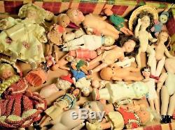 Huge LOT ANTIQUE VINTAGE SMALL DOLLS Bisque HP Bendy etc. Dollhouse German Japan