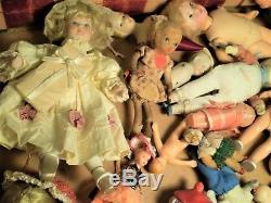 Huge LOT ANTIQUE VINTAGE SMALL DOLLS Bisque HP Bendy etc. Dollhouse German Japan