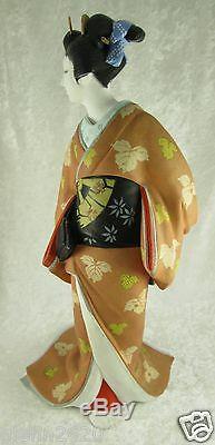 Japanese Porcelain Hakata Mimasu Geisha Doll Kimono Leaves 13x7x7 inches Vintage