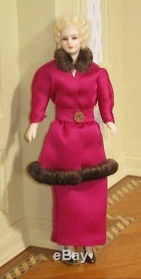 Jointed Vintage Porcelain Lady Doll in Magenta Artisan Dollhouse Miniature