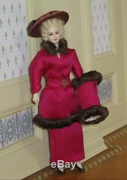 Jointed Vintage Porcelain Lady Doll in Magenta Artisan Dollhouse Miniature