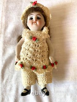 Kestner Antique Miniature 4-3/8 Doll Bisque Porcelain Crochet Germany 208 0 1/2