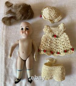 Kestner Antique Miniature 4-3/8 Doll Bisque Porcelain Crochet Germany 208 0 1/2