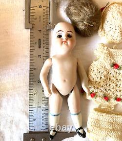 Kestner Antique Miniature 4-3/8 Doll Bisque Porcelain Crochet Germany 208 0 1/2