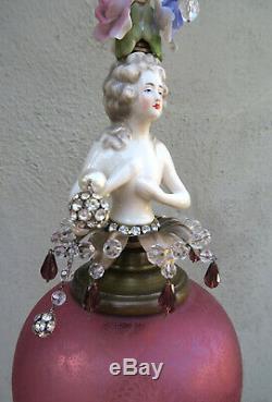 Lady DOLL FRENCH Rose shade dress SWAG lamp vintage Porcelain Brass Deco crystal