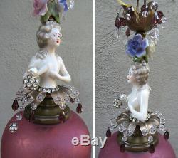 Lady DOLL FRENCH Rose shade dress SWAG lamp vintage Porcelain Brass Deco crystal