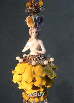 Lady DOLL Porcelain Yellow Flower Fairy SWAG lamp vintage Porcelain Brass crysta