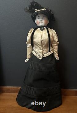 Large Victorian Doll 22 Porcelain Head Clothes Hat withStand Mid-Late 1800s Nice
