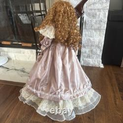 Large Victorian Porcelain Doll with Curly Red Hair Pink Lace Dress Collectible