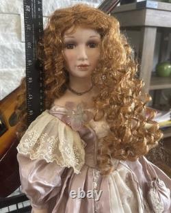 Large Victorian Porcelain Doll with Curly Red Hair Pink Lace Dress Collectible