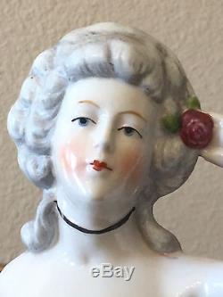 Large Vintage pin cushion porcelain half doll, hands away, Made in Germany