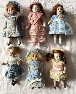 Lot 6 Dolls Collection Antique Bisque Mignonette Dollhouse Variety German 4-1/2