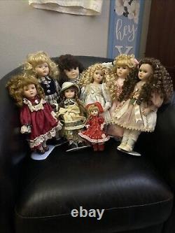 Lot Of 8 Vintage Porcelain Dolls with Stands Collector Special