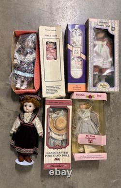Lot of 7 Vintage 1980s-1990s Porcelain Collector Dolls New in Boxes with COA