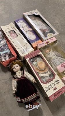 Lot of 7 Vintage 1980s-1990s Porcelain Collector Dolls New in Boxes with COA