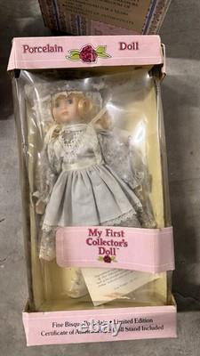 Lot of 7 Vintage 1980s-1990s Porcelain Collector Dolls New in Boxes with COA