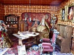 Medieval Room Box Diorama Fully Furnished Tudor Decor & 2 Porcelain Half Dolls