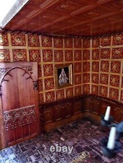 Medieval Room Box Diorama Fully Furnished Tudor Decor & 2 Porcelain Half Dolls