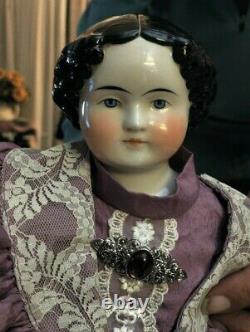 New! 21 Antique 1870s Hi-Brow China Head Doll In Gorgeous Purple Dress And. 12