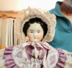 New! 21 Antique 1870s Hi-Brow China Head Doll In Gorgeous Purple Dress And. 12